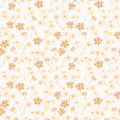 Obraz premium Seamless vector floral pattern with beige daisies and orange wildflowers on a light cream background. Template for textiles, wallpapers, packaging, and autumn themed designs