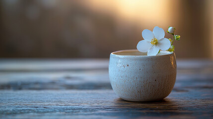 A tiny, delicate Maisonâ€™s flower gently resting against a handmade white ceramic cup. 
