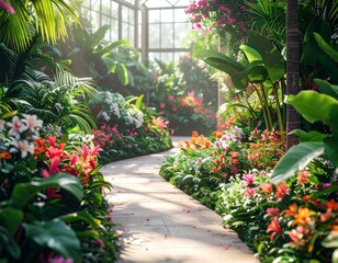 A lush botanical garden with exotic flowers and pathways, soft morning light, serene and blooming details, highly detailed, 4K resolution,nature, botanical