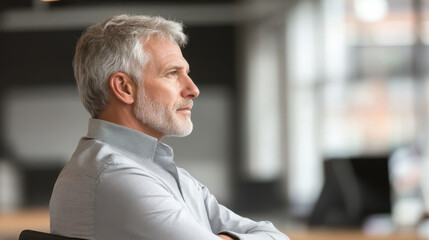Profile of a contemplative man with gray hair and beard, seated indoors with arms crossed.