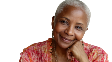 Smiling Black Senior Woman with White Hair Resting Chin on Hand, cut out transparent