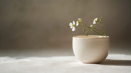 A tiny, delicate Maisonâ€™s flower gently resting against a handmade white ceramic cup. 