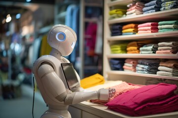 I robot assistant browsing clothes in retail store with tablet for shopping tech