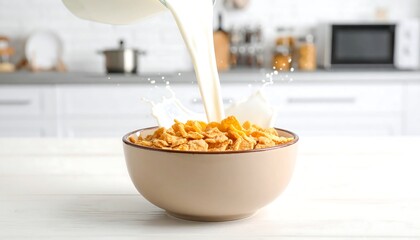 Milk Pouring into Cereal Bowl with Splashes in Kitchen Setting