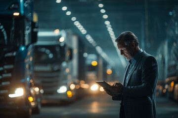 Mature businessman using digital tablet in illuminated industrial warehouse with trucks parked around at night