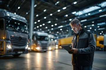 Professional logistics manager using a digital tablet in a modern truck warehouse with large commercial vehicles in the background