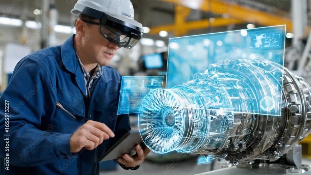 Poster ar engineer inspecting: capturing a skilled engineer utilizing augmented reality technology to metic