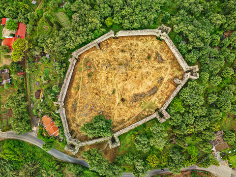 Aerial view of Byzantine castle Gardiki in Corfu Greece surrounded by forest