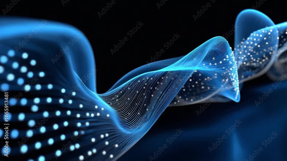 Poster digital data stream: abstract visual representation of digital data stream with luminous particles. 
