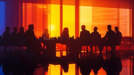 Business Meeting Silhouettes with Sunset Background in Modern Office