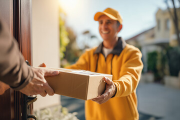Smiling delivery man handing over a package to a customer at home on a sunny day