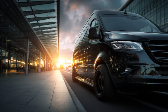 Luxury black van parked at modern airport terminal with beautiful sunset reflecting on glass buildings and sleek vehicle
