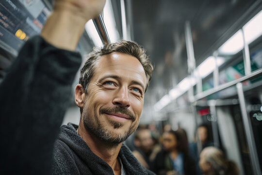 Smiling man holding subway handrail commuting with diverse passengers on public transportation in a modern metro train