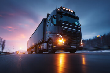 Powerful black semi-truck driving on highway at sunset with illuminated headlights and dramatic sky
