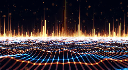 Abstract digital landscape with glowing lines and data points representing technology and innovation