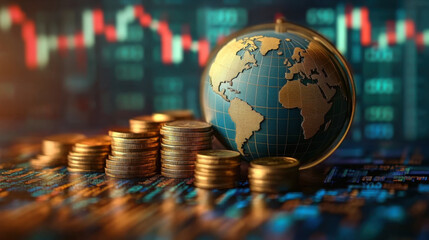 Globe and stack with coins. Money makes the world go round