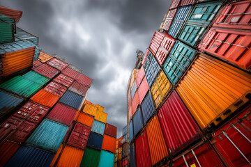 Fototapeta premium Colorful stacked shipping containers under dramatic cloudy sky in busy industrial port