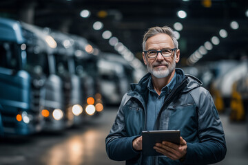 Confident mature logistics manager standing with digital tablet in warehouse full of parked trucks under industrial lighting