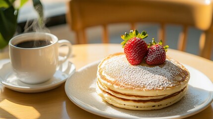 Close-up of a stack of pancakes topped with strawberries and powdered sugar, and a cup of hot coffee on a table.