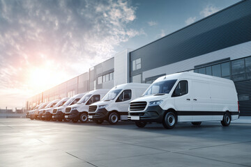 Fleet of modern white delivery vans parked in front of a large industrial warehouse at sunset