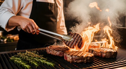 Fototapeta premium Captivating culinary artistry: A professional chef expertly grilling succulent steaks amidst vibrant flames in a professional kitchen environment epitomizing gastronomic passion