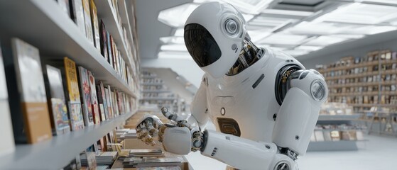 Robot browsing books in library aisle ai learning automation future technology