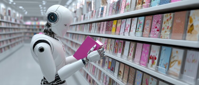 Robot reading a pink book in a library filled with greeting cards on shelves