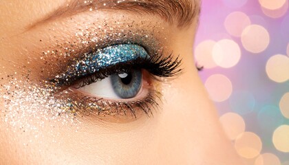 Close-up of a glamorous eye makeup design featuring sparkling glitter and a striking teal shade, evoking a festive and celebratory mood.