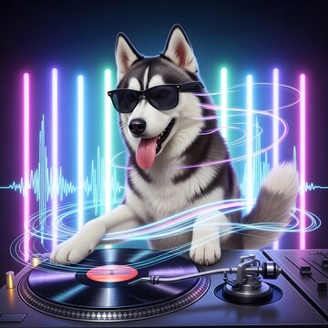 Cool Husky Dog DJing with Neon Lights and Turntable in Vibrant Party Scene