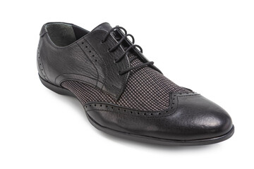 Stylish Classic Formal Male Black Polished Derby Leather Laced Shoe Placed Over White.