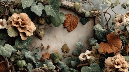Halloween background with empty central copy space on craft paper framed with autumn foliage, ivy, flowers, . Seasonal wallpaper, banner, backdrop
