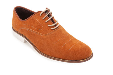 One Stylish Classic Male Light Brown Suede Laced Oxford Shoe Placed Over Pure White.
