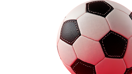 Close up view of a soccer ball with black and white pentagons on transparent background