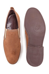 Mens Footwear Concepts. One Pair of Stylish Classic Formal Male Brown Suede Slippers Shoes Placed Together Over White.