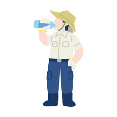 水分補給をする働く人(農家)のフラットなイラスト
