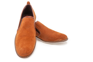 Pair of Stylish Classic Male Light Brown Suede Leather Slippers Shoes Placed Together On One...