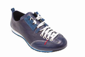 Footwear Concepts. One Stylish Sportive Male Blue Suede and Leather Laced Derby Shoe Placed Over Pure White