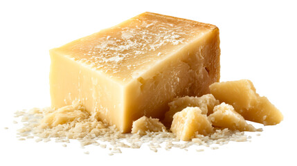Naklejka premium Hard aged cheese block and shards with fine grating on white surface, cut out transparent