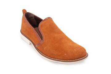 One Stylish Male Light Brown Suede Leather Shoe Placed Over Pure White.