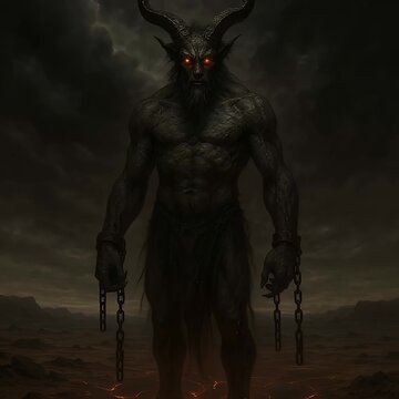 Azazel the Scapegoat Demon in Desolate Wasteland with Chains and Burning Eyes