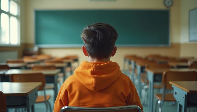 Solitary schoolboy sits in empty classroom, lost in thought, facing chalkboard. Scene evokes feelings of isolation, school challenges, peer pressure, student internal struggle with education, social