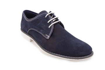 Footwear Ideas. One Stylish Classic Male Dark Blue Suede Leather Laced Derby Shoe Placed Over Pure White.