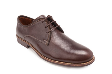 Footwear Ideas. One Stylish Classic Male Brown Calf Leather Laced Derby Shoe Placed Over Pure White.