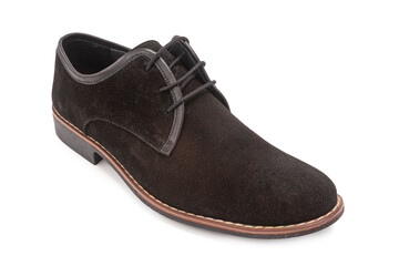 Footwear Ideas. One Stylish Classic Male Black Suede Leather Laced Derby Shoe Placed Over Pure White.