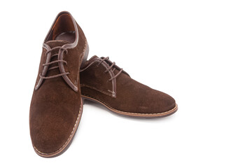 Pair of Stylish Classic Male Dark Brown Suede Leather Derby Desert Boots Shoes Placed Together On One Another