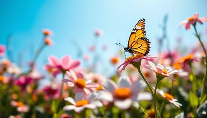 Blurred spring glade, blooming flowers, butterfly, sunny blue sky,  sunlight,  vibrant