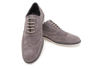 Footwear Concepts. One Pair of Stylish Classic Formal Male Light Gray Suede Leather Oxford Laced Shoes