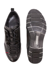 Mens Footwear Concepts. Pair of Stylish Sportive Male Dark Black Leather Laced Sneakers Shoes Placed Together Over White