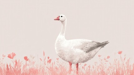 Fototapeta premium Elegant White Swan Standing Gracefully Among Pink Flower Field