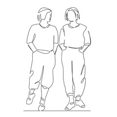 One continuous single drawing line art flat doodle girl, woman, walking, female, 2, teenage, friends, talking. Isolated image hand draw contour on a white background, hand drawn, not AI